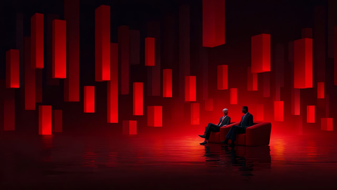 A striking scene unfolding in an abstract environment, featuring two figures engaged in conversation, framed by towering red structures that create an immersive and atmospheric backdrop