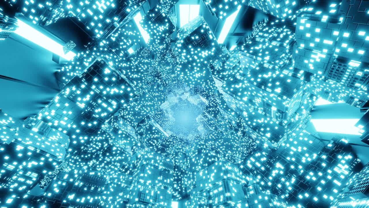 기술 및 연결 모션 배경 - 디지털 기술 터널로 날아가는 모션 그래픽 - 시간과 공간을 통한 벌레 구 - 미래적 매트릭스를 가진 3d 빅 데이터 디지털 터널 사각형