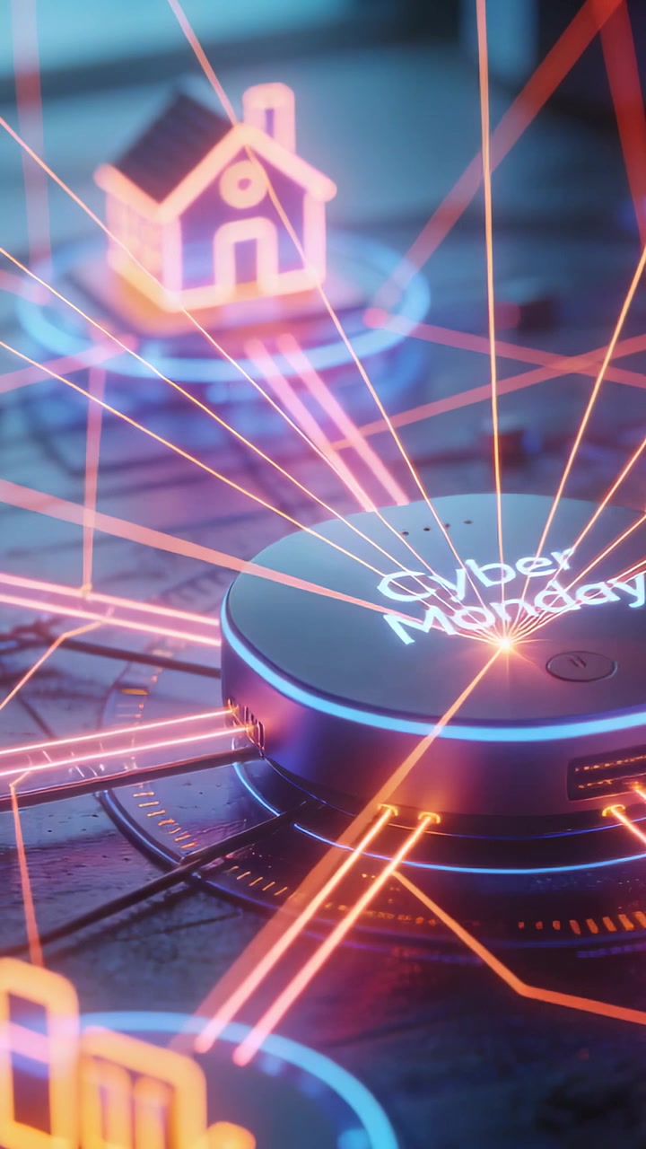 Video verticale: Hub pulsante del Cyber Monday che invia raggi al neon ai nodi della casa sul circuito, formando una rete.