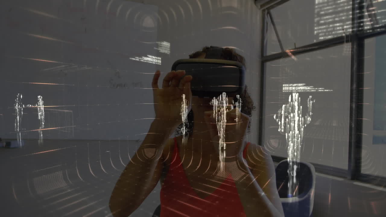 animación del procesamiento de datos sobre una mujer que usa auriculares vr
