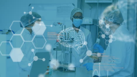 scientists in lab coats working with digital brain and molecule animation overlay
