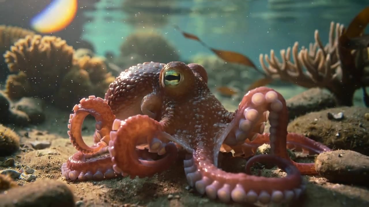 Telecamera che arretra, un singolo polpo rosso che distende i tentacoli e sonda il fondale sabbioso per muoversi.