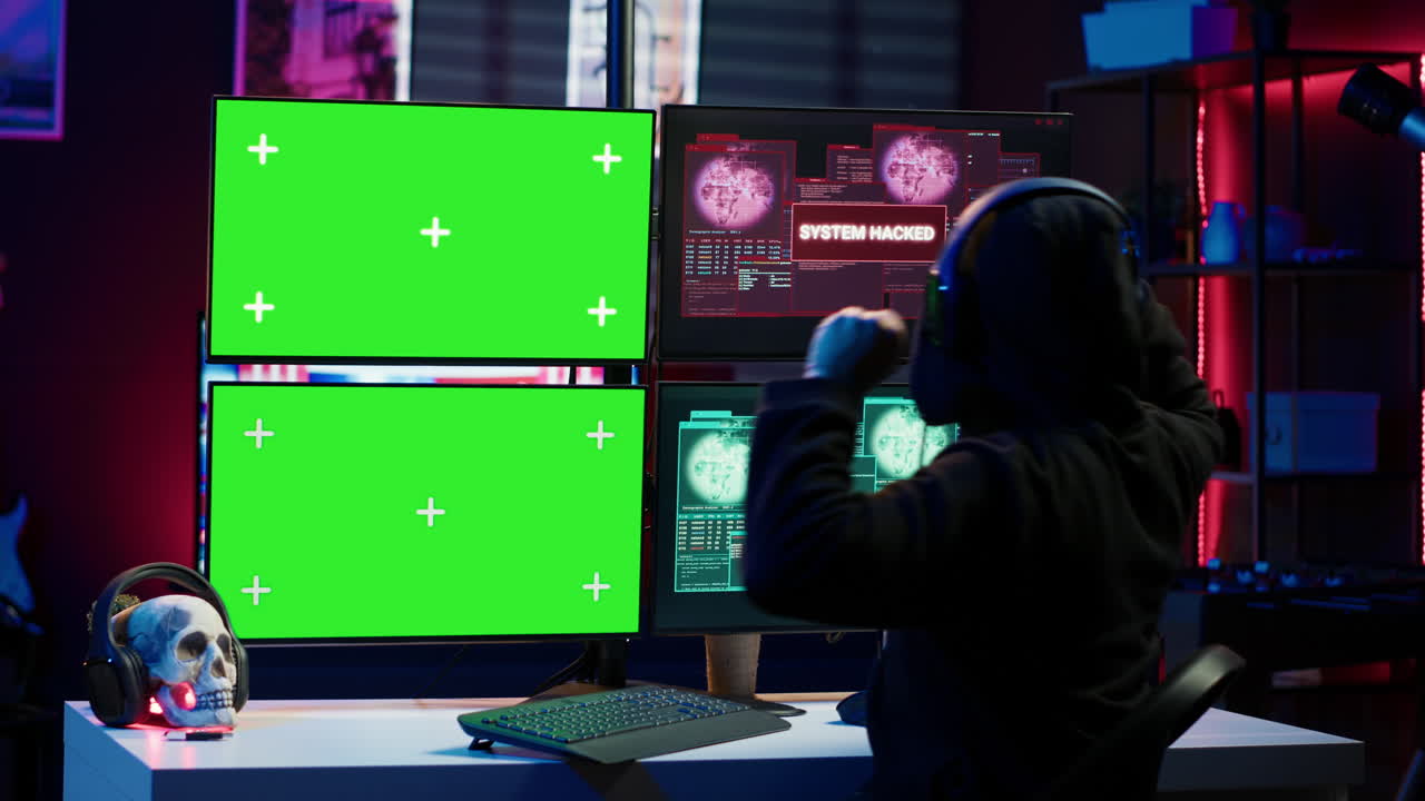 즐거운 해커가 모형 컴퓨터를 사용하여 방화벽을 은 후 자부심을 느습니다.