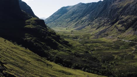 Aerial-shot-of-Glencoe-Valley's-lush-meadows