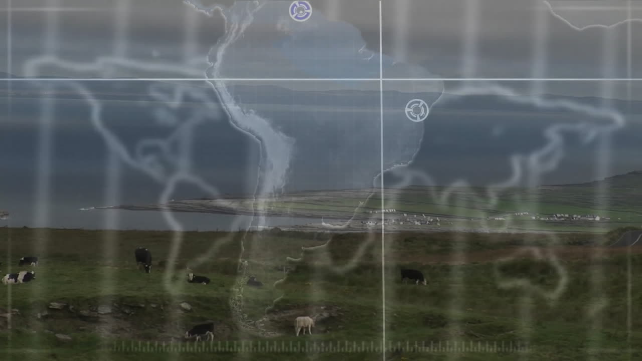 Weather animation on South America map over rural landscape with cows grazing