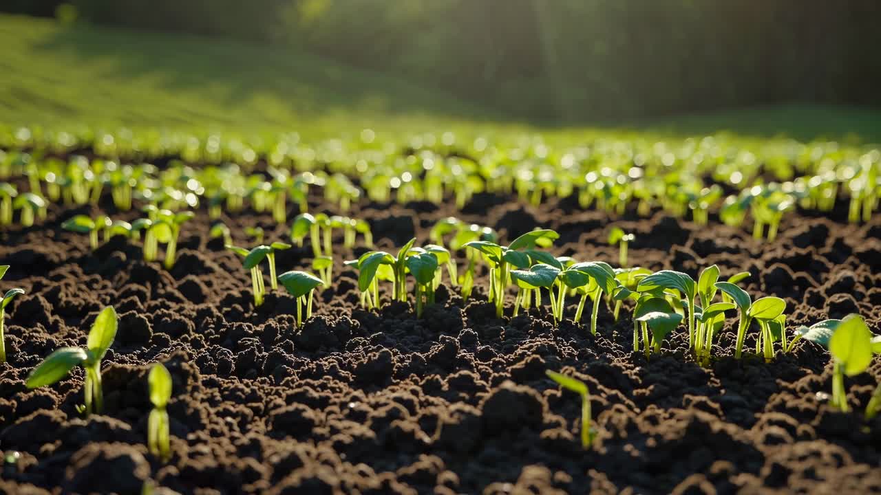 Visuale dal basso di piantine vivaci in un campo illuminato dal sole, che cattura la crescita e il rinnovamento