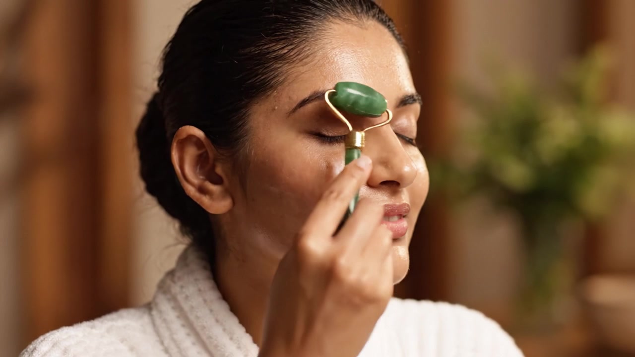 Radiant Skin Care Routine: A Woman Enjoys the Rejuvenating Benefits of a Jade Roller for Facial Massage and Glow Enhancement in a Relaxing Setting