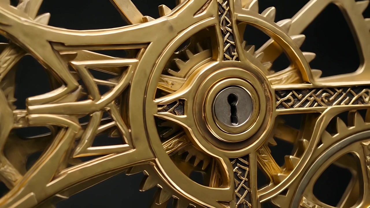 Rotating gold gears starting on frame advance, moving slow clockwise in studio closeup with keyhole