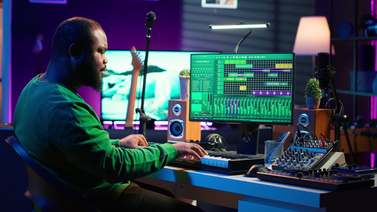 ingeniero de sonido presionando las teclas del sintetizador electrónico y componiendo una nueva canción