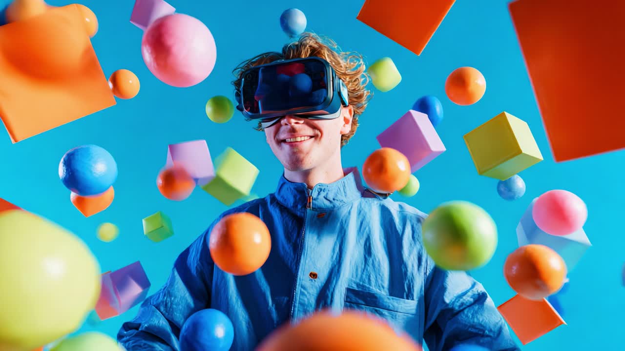 Young man joyfully immersed in a colorful virtual reality environment, wearing a VR headset and surrounded by vibrant geometric shapes, highlighting the fun and creativity of technology and digital interaction
