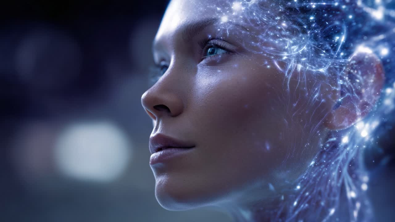A woman's face illuminated with a cosmic aura, blending humanity and technology, showcasing a stunning digital transformation with luminous energy patterns