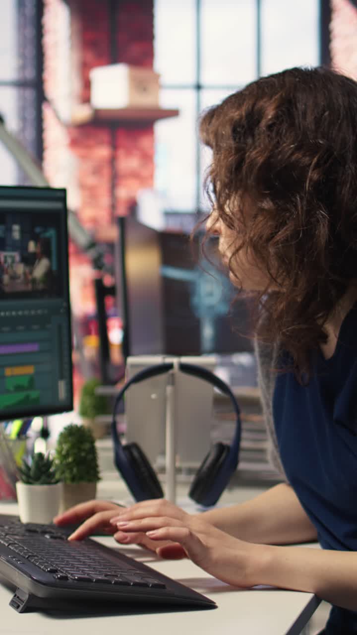 Vertical Video Woman video creator working on editing a movie montage project