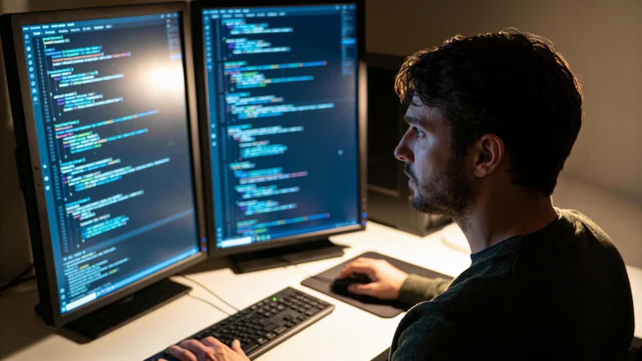 Reading man in dark-shirt at desk, typing on keys, debugging code on dual monitors, copy space