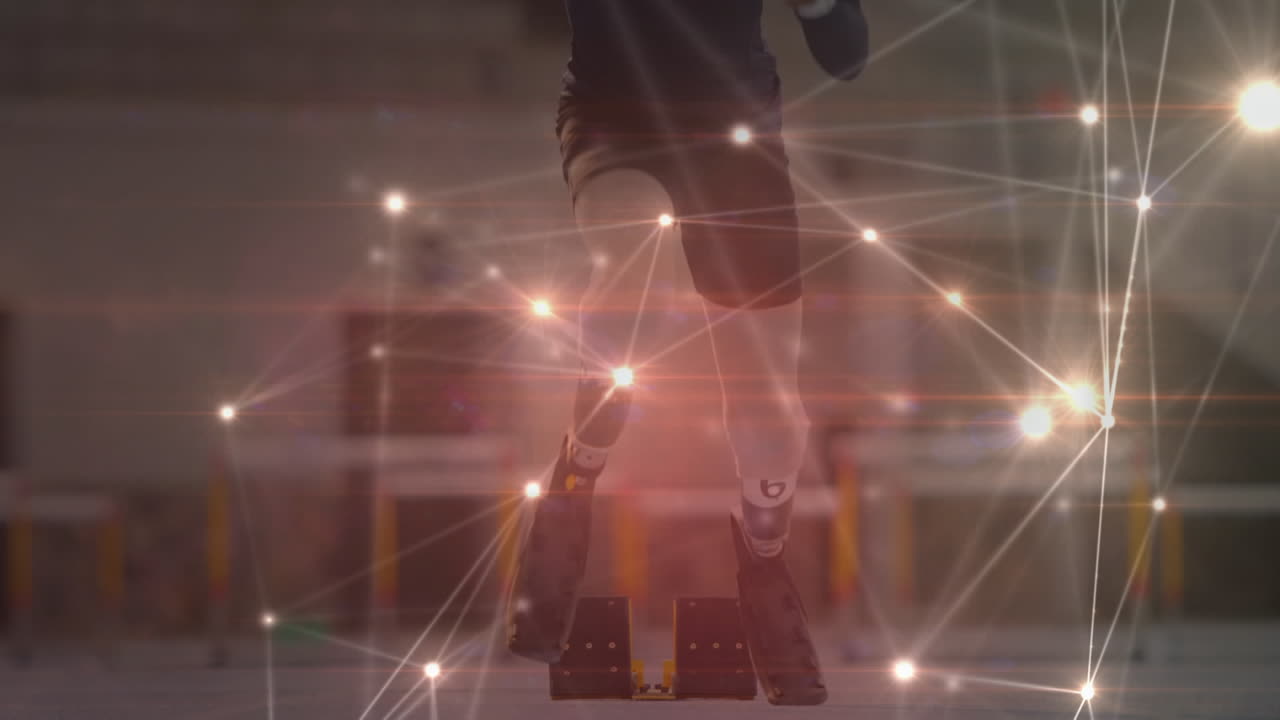 conexiones de red con atletas con piernas protésicas corriendo en el fondo