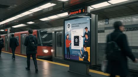 cryptocurrency exchange advertisement at subway station: engaging commuters with digital currency opportunities and modern financial solutions