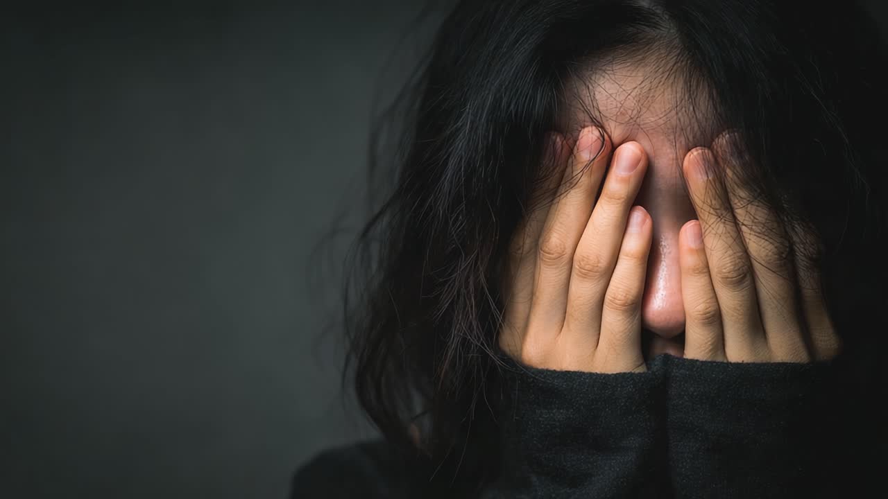 Luta Emocional: Um indivíduo jovem oprimido pela angústia, cobrindo o rosto com as mãos em um momento de vulnerabilidade e reflexão.
