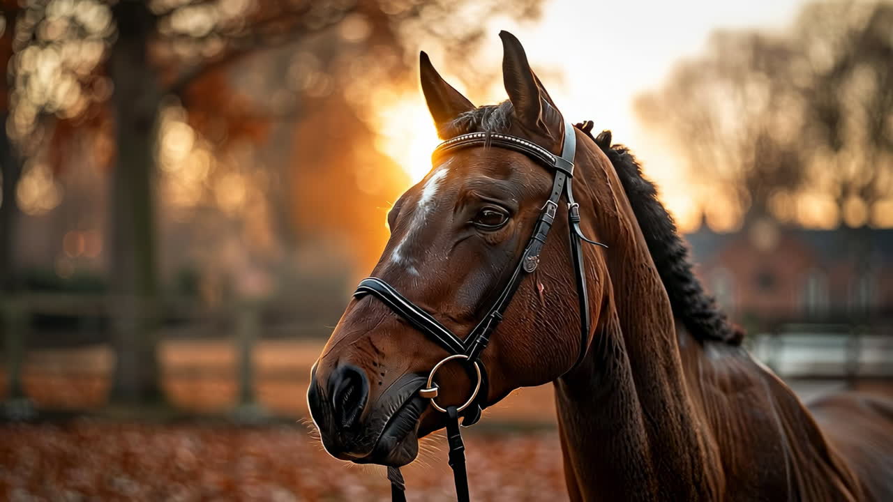 Un cavallo illuminato dalla luce autunnale al tramonto. Un cavallo è legato in una stalla mentre il sole tramonta dietro gli alberi. La scena è caratterizzata dai colori caldi delle foglie autunnali.