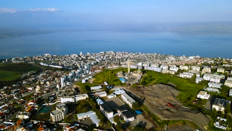 a wide drone shot of the entire sea of ​​galilee and the city of tiberias
