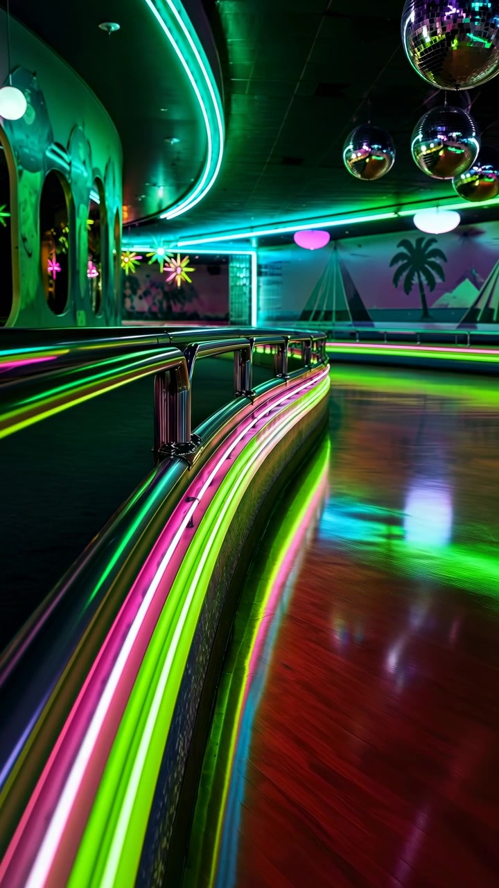 La telecamera si muove fluidamente accanto a barriere curve luminose all'interno di una pista di pattinaggio vuota, mentre luci colorate si proiettano sul pavimento lucido sotto sfere a specchio riflettenti sospese.