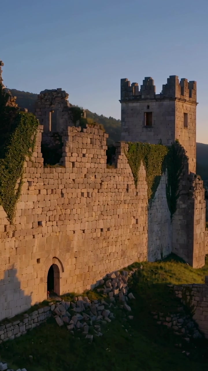 Video verticale: Telecamera che panoramica da sinistra mostrando un muro e una torre in rovina su un pendio per una vista più ravvicinata.