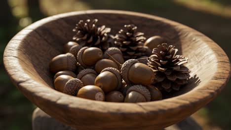 A Beautiful Wooden Bowl Filled with Acorns and Pine Cones Capturing the Essence of Nature's Bounty and Rustic Charm