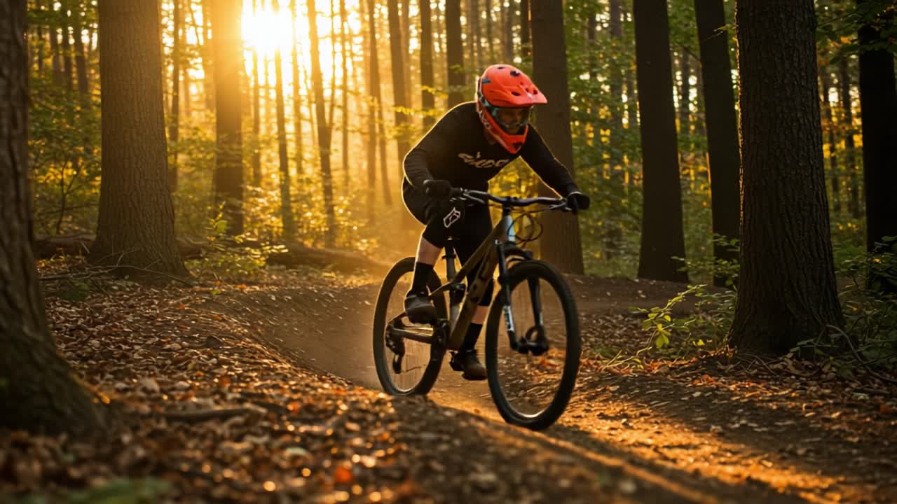 Ciclista di Mountain Bike su Sentiero nel Bosco al Tramonto