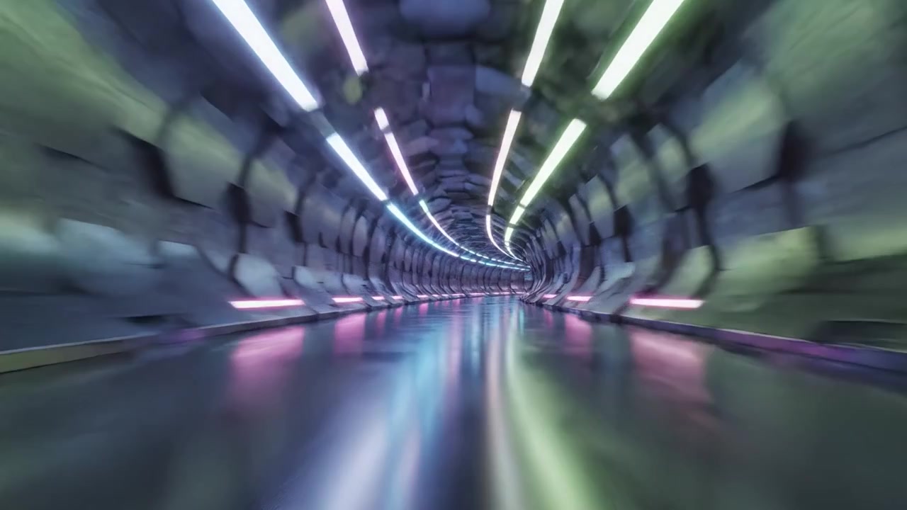 Una vista accattivante attraverso un tunnel futuristico, caratterizzato da vivaci luci al neon e una superficie lucida che evoca un senso di velocità e movimento.