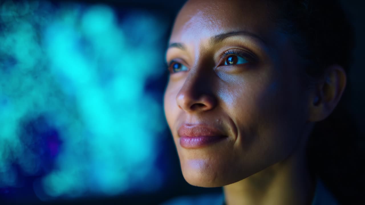 A Captivating Portrait of Contemplation: The Profound Expression on a Woman's Face, Illuminated by a Soft Blue Glow, Captures a Moment of Reflection and Thoughtfulness in a High-Tech Environment