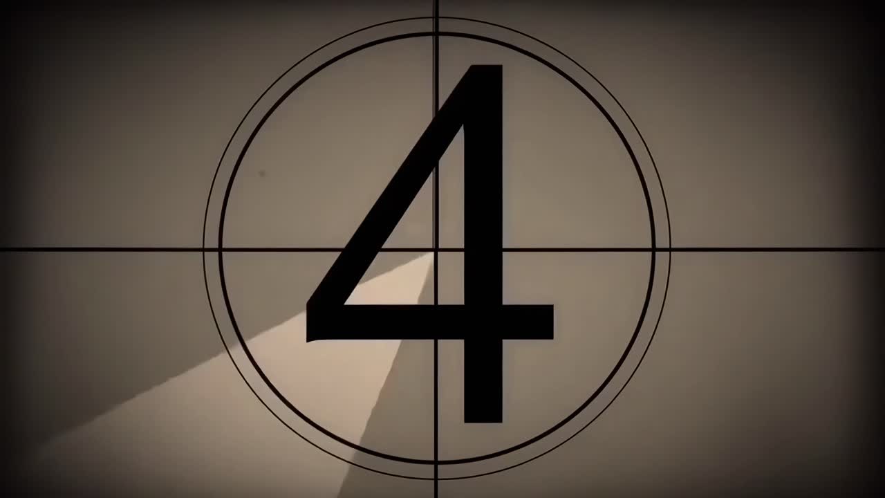 Vintage video-aftelling in retrostijl, opgenomen vanuit een rechtstreekse hoek.