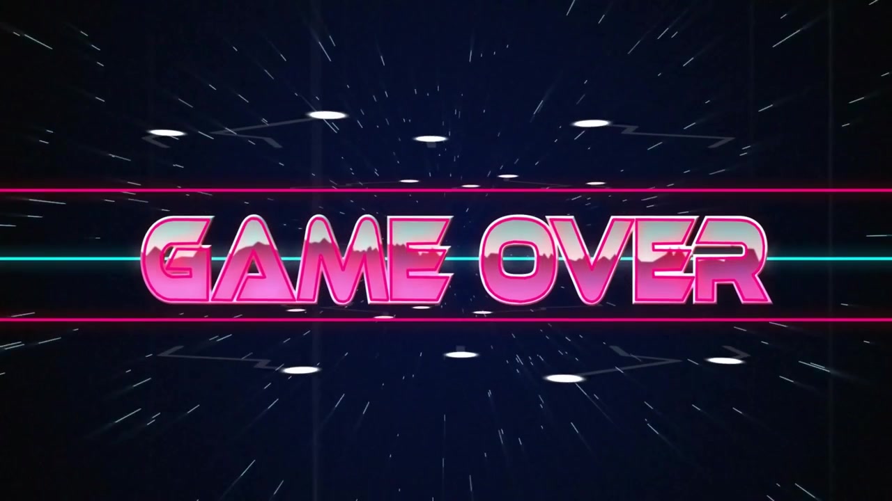 Testo 3D al neon "GAME OVER" che ruota nell'angolo, barre scorrevoli, particelle che tracciano stelle per un finale retrò