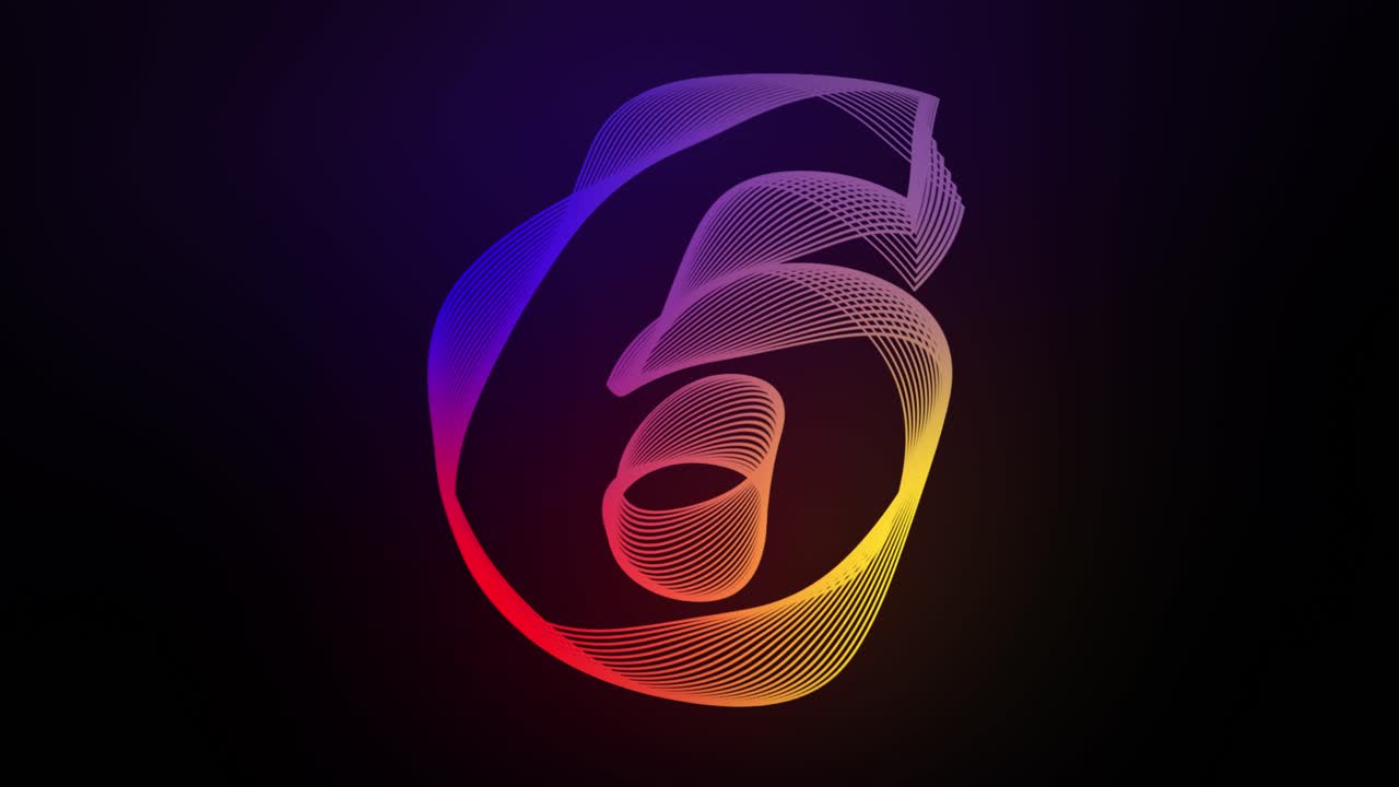 3D Number 6 six moving swirling lines animation on dark gradient background abstract dynamic motion graphics particle glow typography visual effect rainbow digital