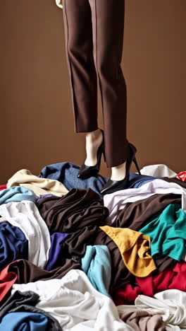 mannequin legs in high heels standing on a pile of colorful clothes