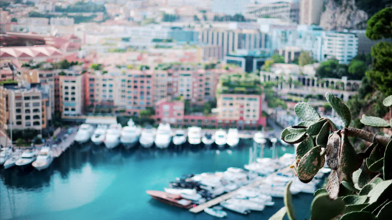 Blurry view of boats docked in the Port de Fontvieille in Monaco