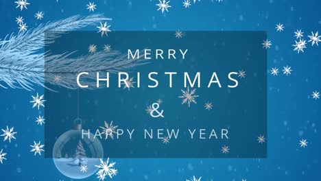 Animation-of-falling-snow-and-marry-christmas-text-over-blue-background