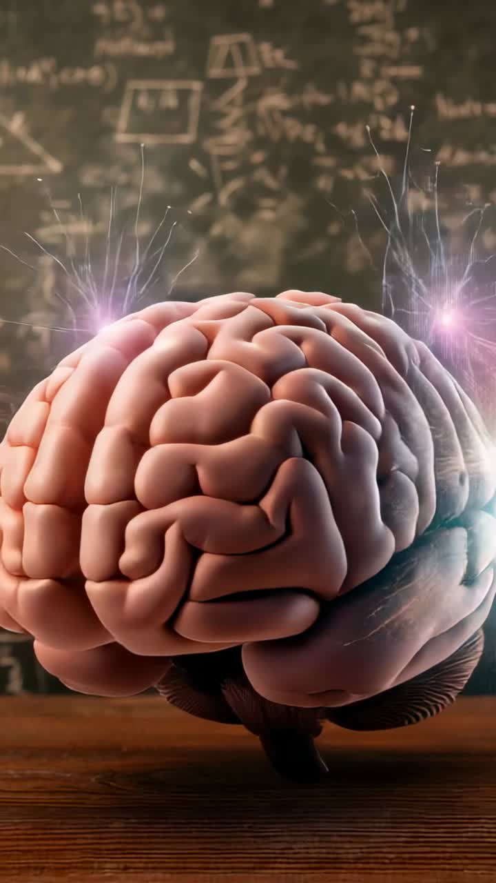 Video verticale: Telecamera in panoramica, cervello 3D che ruota su una scrivania di legno vicino a una lavagna per studio, con scintille neurali.