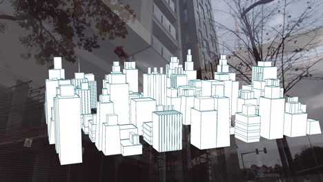 animation of 3d city drawing spinning over cityscape