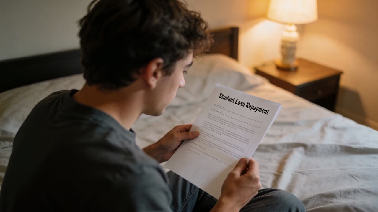 Male student picking up Student Loan Repayment notice and reading, checking repayment terms by lamp