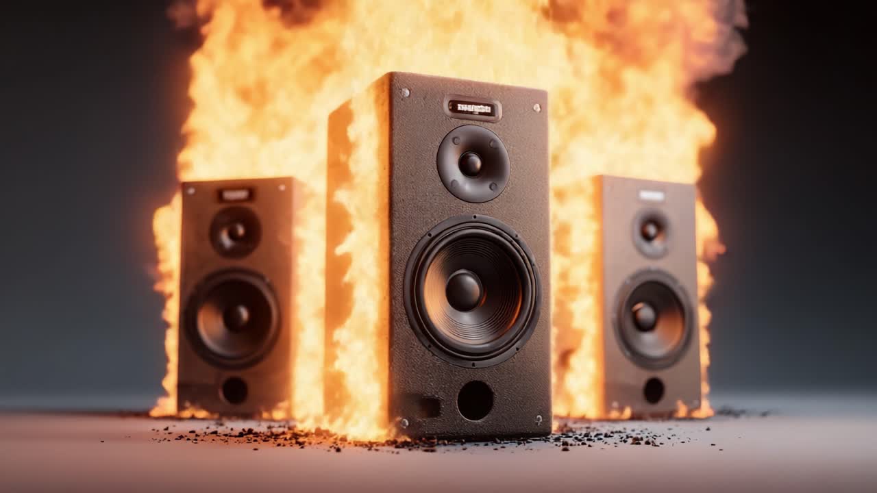 Dynamic Display of Fiery Speakers: Captivating Imagery of Speakers Surrounded by Flames Showcasing the Power of Sound and Visual Effects in a Dramatic Scene