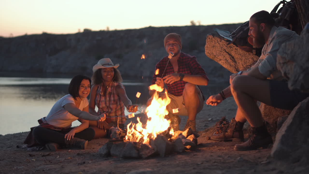 Friends Camping with Campfire