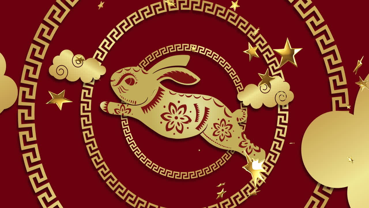 animación de decoraciones tradicionales chinas con conejo y estrellas sobre fondo rojo