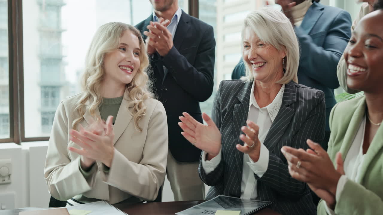 비즈니스 팀이 박수갈채로 성공을 축하하고 있습니다.