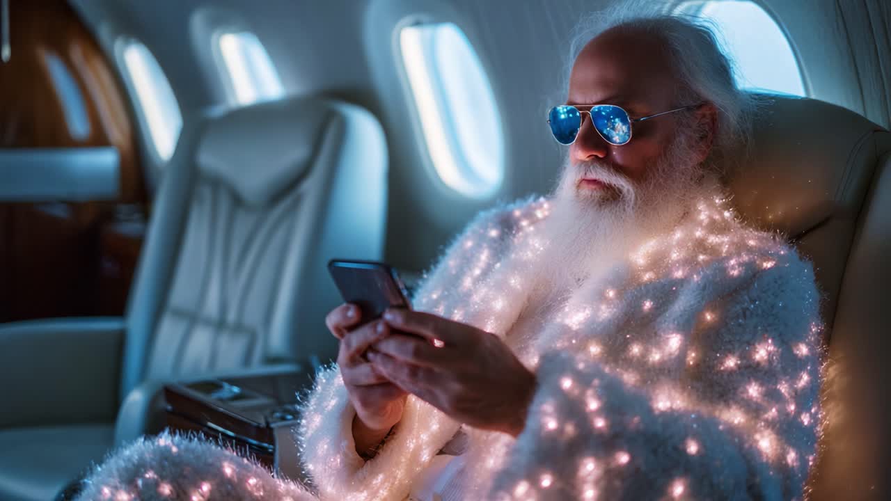 A Stylish Figure in Sparkling Attire: Capturing the Essence of Modern Comfort and Luxury on a Private Plane with a Phone, Rays of Light Reflecting a Unique Aesthetic
