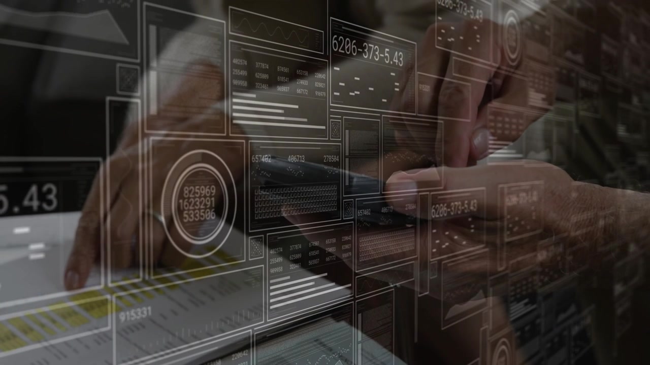 Senior partners tapping smartphone, tracing highlighted rows, finance HUD updating for verification