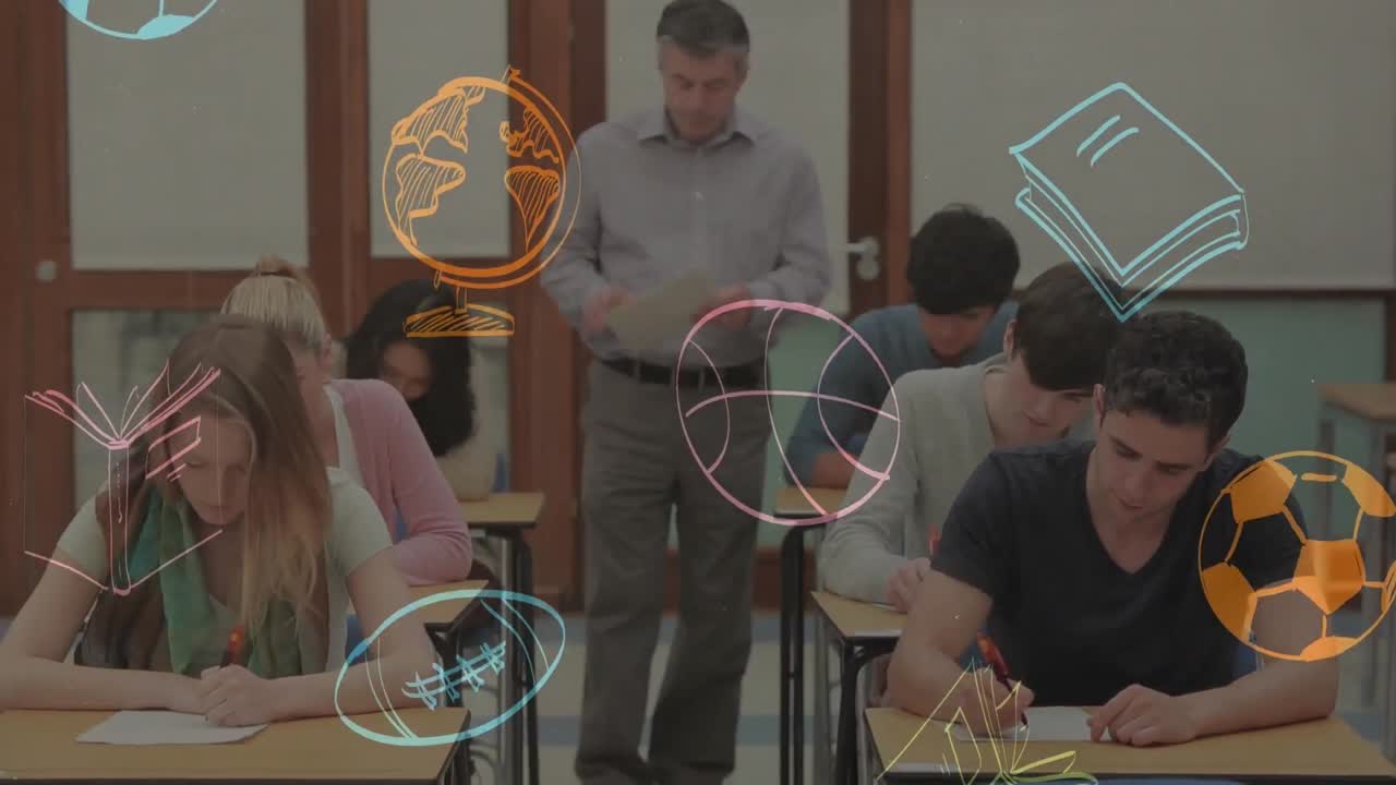 animación de iconos escolares sobre diversos maestros y estudiantes masculinos en el aula.