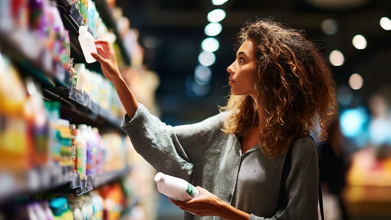 A woman thoughtfully examines product options in a vibrant store aisle, comparing bottles and ingredients as she seeks the best choice for her personal care needs