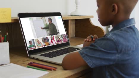 Afroamerikanischer-Junge-Hält-Einen-Bleistift-Und-Hält-Zu-Hause-Eine-Videokonferenz-Auf-Dem-Laptop