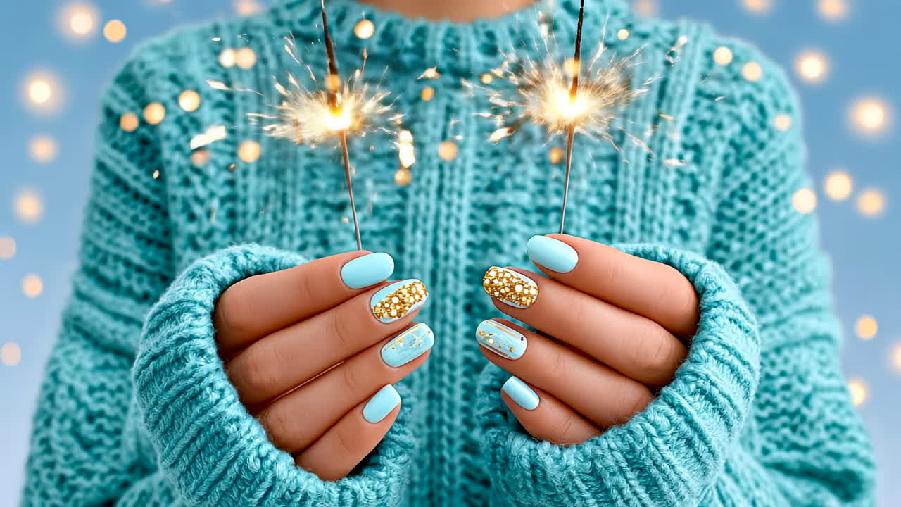 Colorful nails for a sparkly fun!. Hands hold sparklers while wearing cozy sweater and stylish nail art, creating a festive atmosphere for celebration