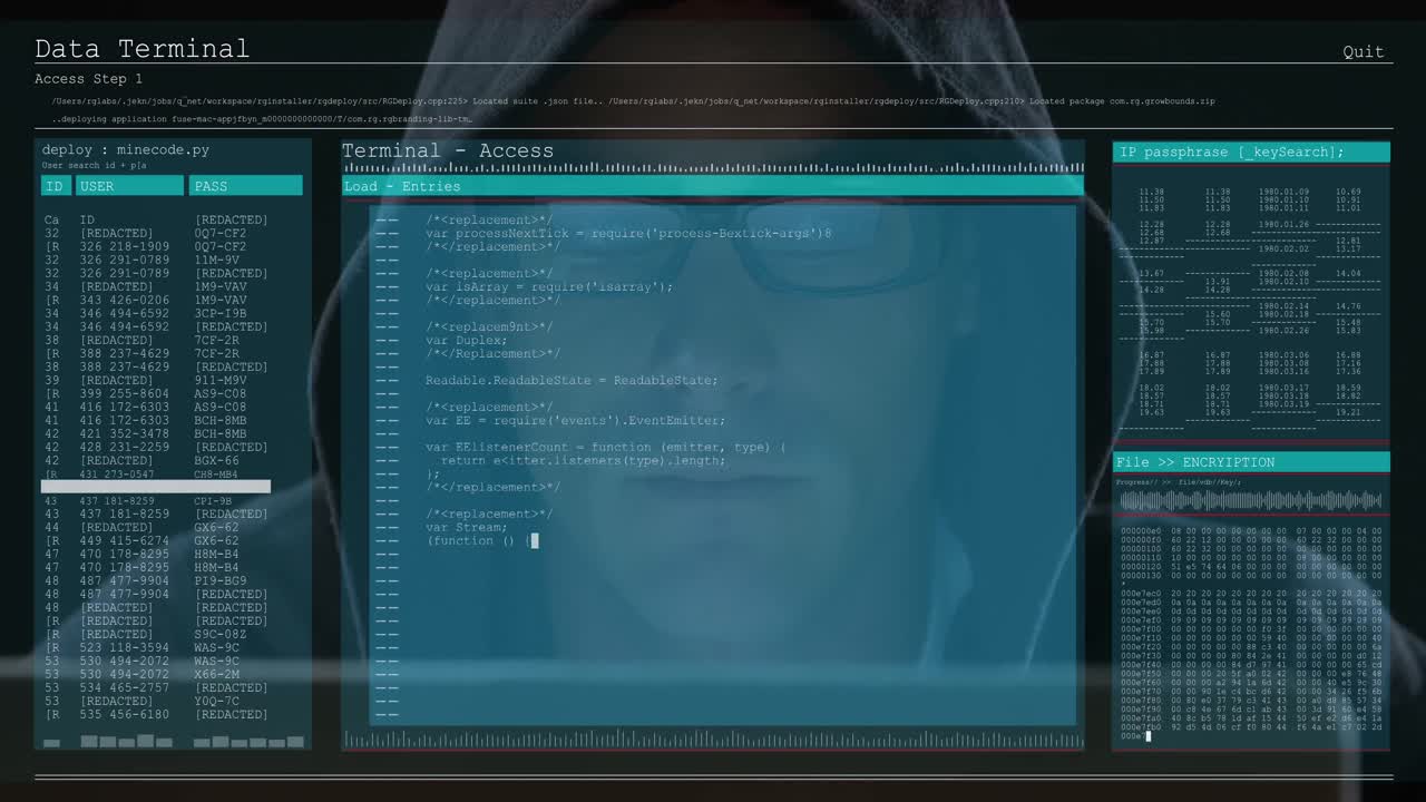 Animation of data processing on computer screens over male hacker in hood
