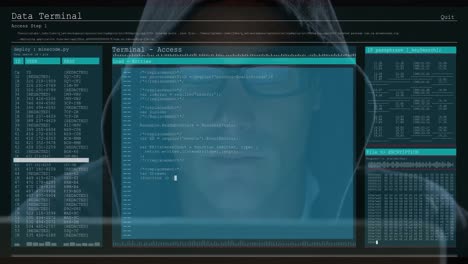 Animation-of-data-processing-on-computer-screens-over-male-hacker-in-hood