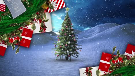 Weihnachtskranzdekoration-Und-Geschenke-Gegen-Schnee,-Der-über-Weihnachtsbaum-Auf-Winterlandschaft-Fällt